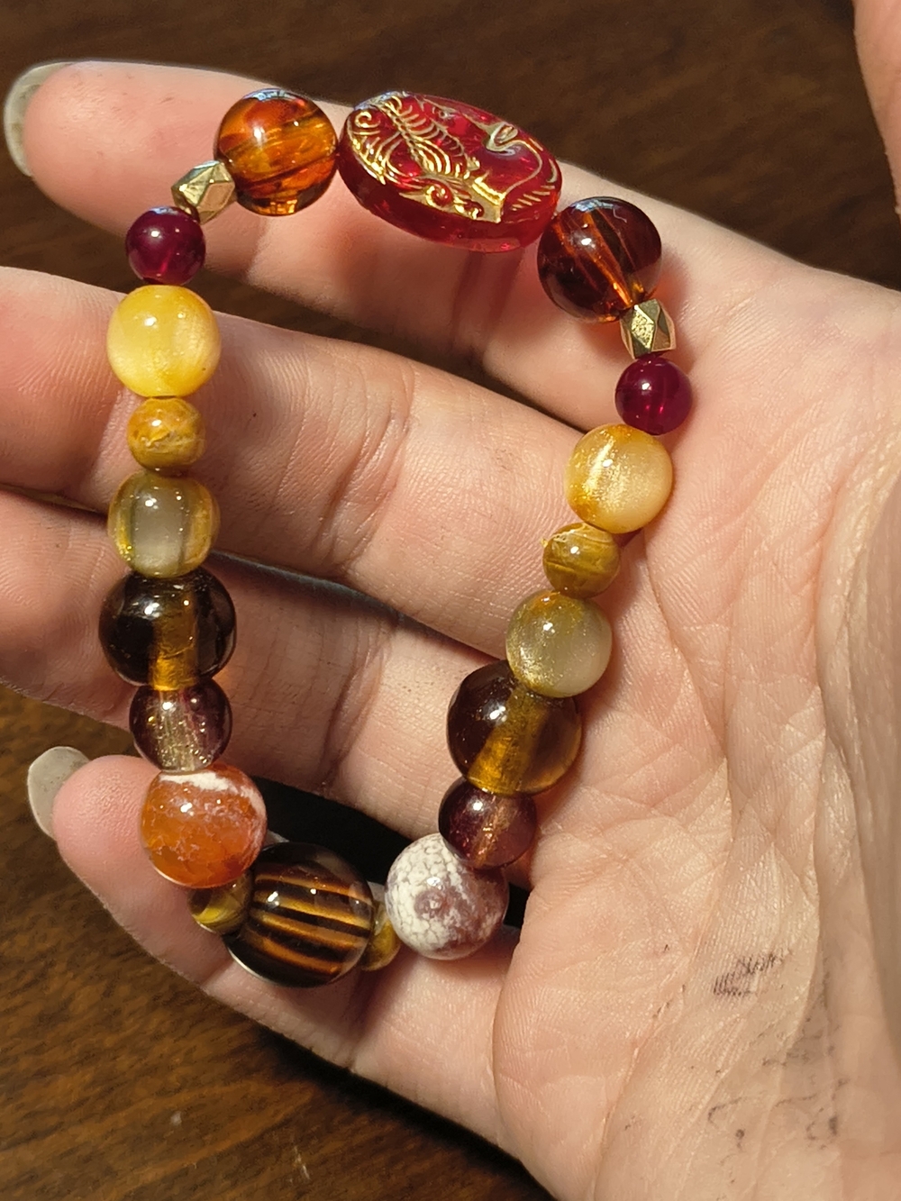Handcrafted Red & Amber Beaded Stretch Bracelet